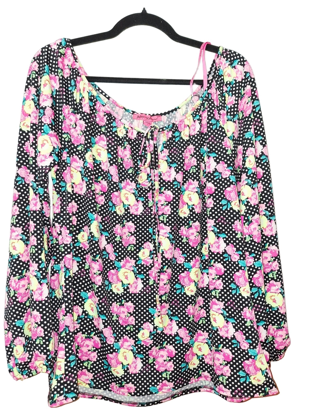 Betsey Johnson Black Floral Peasant Tunic with Pink & Yellow Roses Sz LARGE